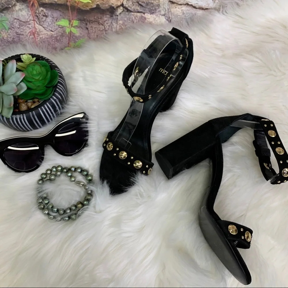 MAJE Quiet Luxury Black Suede Ankle Strap Embellished Sandals, 9